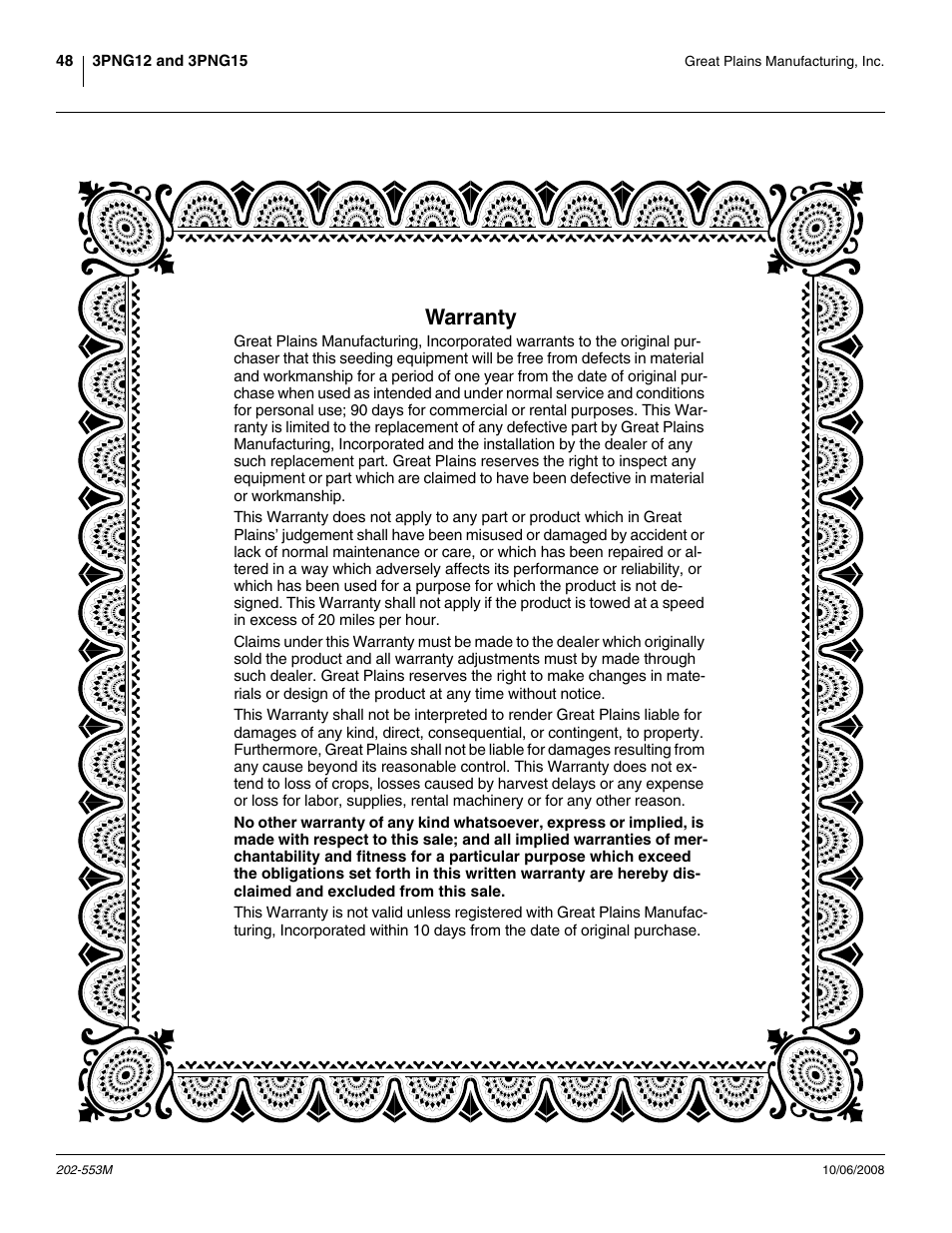 Warranty | Great Plains 3PNG15 Operator Manual User Manual | Page 52 / 58