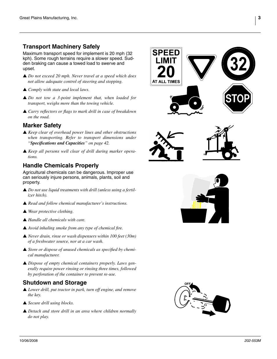Transport machinery safely, Marker safety, Handle chemicals properly | Shutdown and storage | Great Plains 3PNG15 Operator Manual User Manual | Page 7 / 58