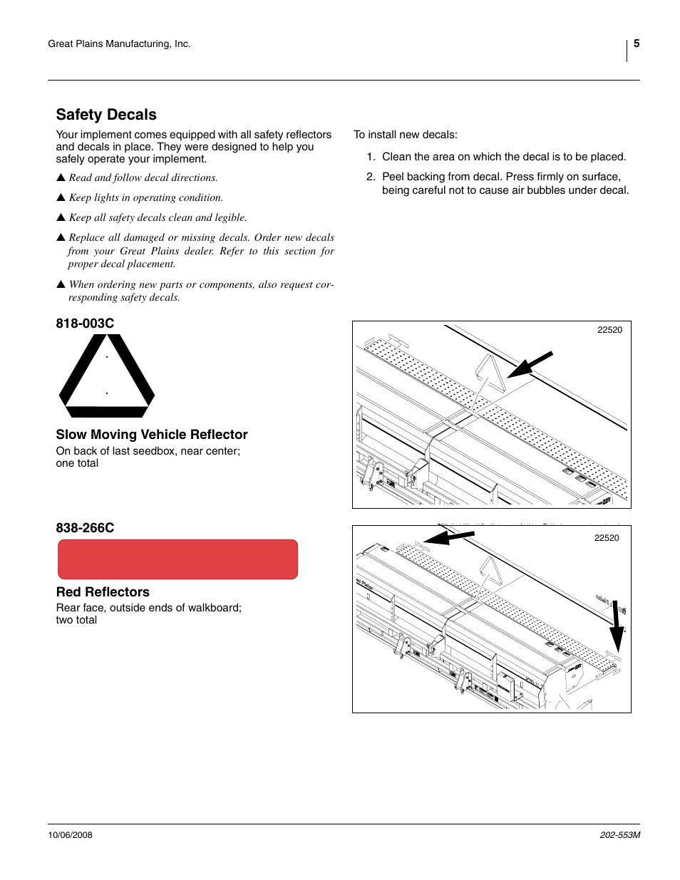 Safety decals, 003c slow moving vehicle reflector, 266c red reflectors | Great Plains 3PNG15 Operator Manual User Manual | Page 9 / 58
