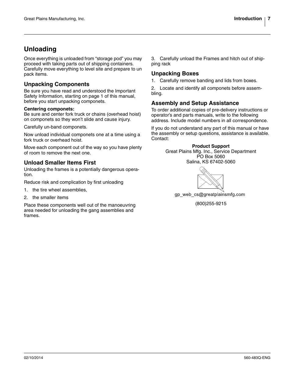 Unloading, Unpacking components, Unload smaller items first | Unpacking boxes, Assembly and setup assistance | Great Plains 8560 FCF Assembly Manual User Manual | Page 11 / 140