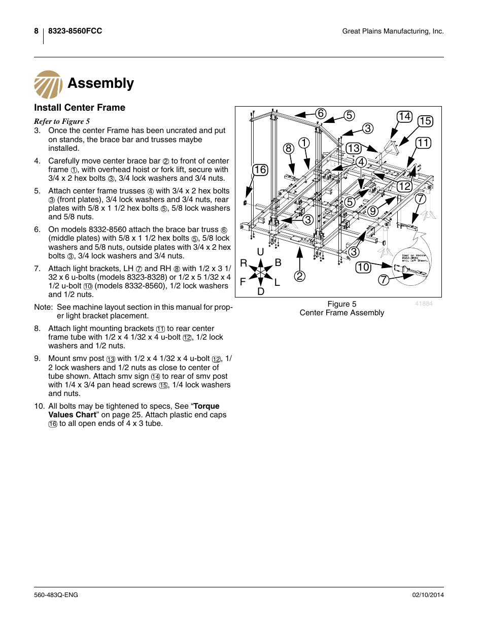 Assembly, Install center frame | Great Plains 8560 FCF Assembly Manual User Manual | Page 12 / 140