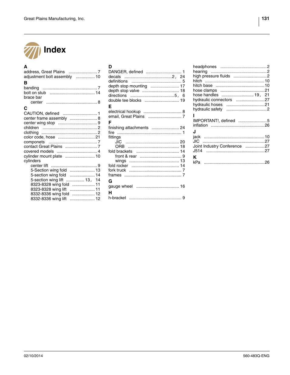 Index | Great Plains 8560 FCF Assembly Manual User Manual | Page 135 / 140