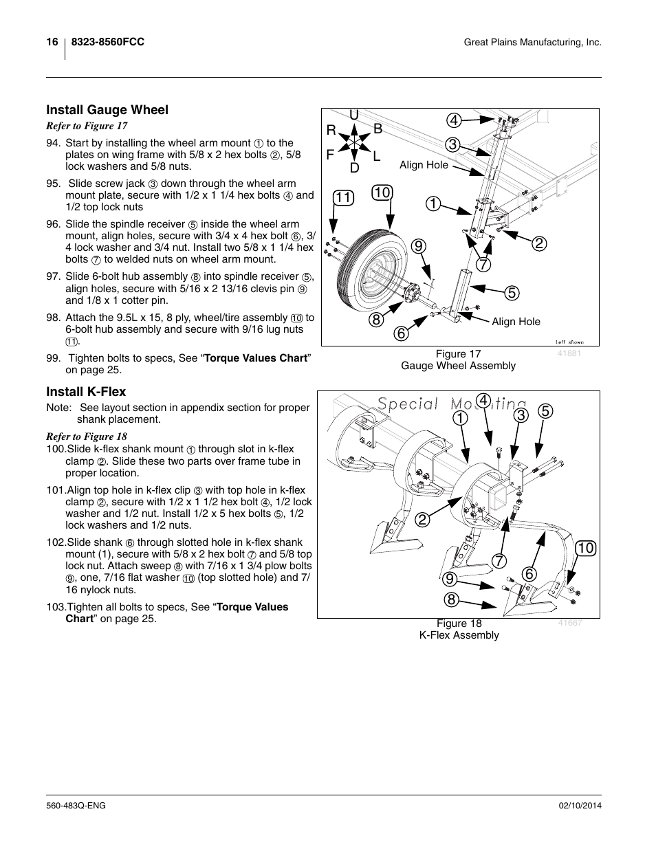 Install gauge wheel, Install k-flex, Install gauge wheel install k-flex | Great Plains 8560 FCF Assembly Manual User Manual | Page 20 / 140