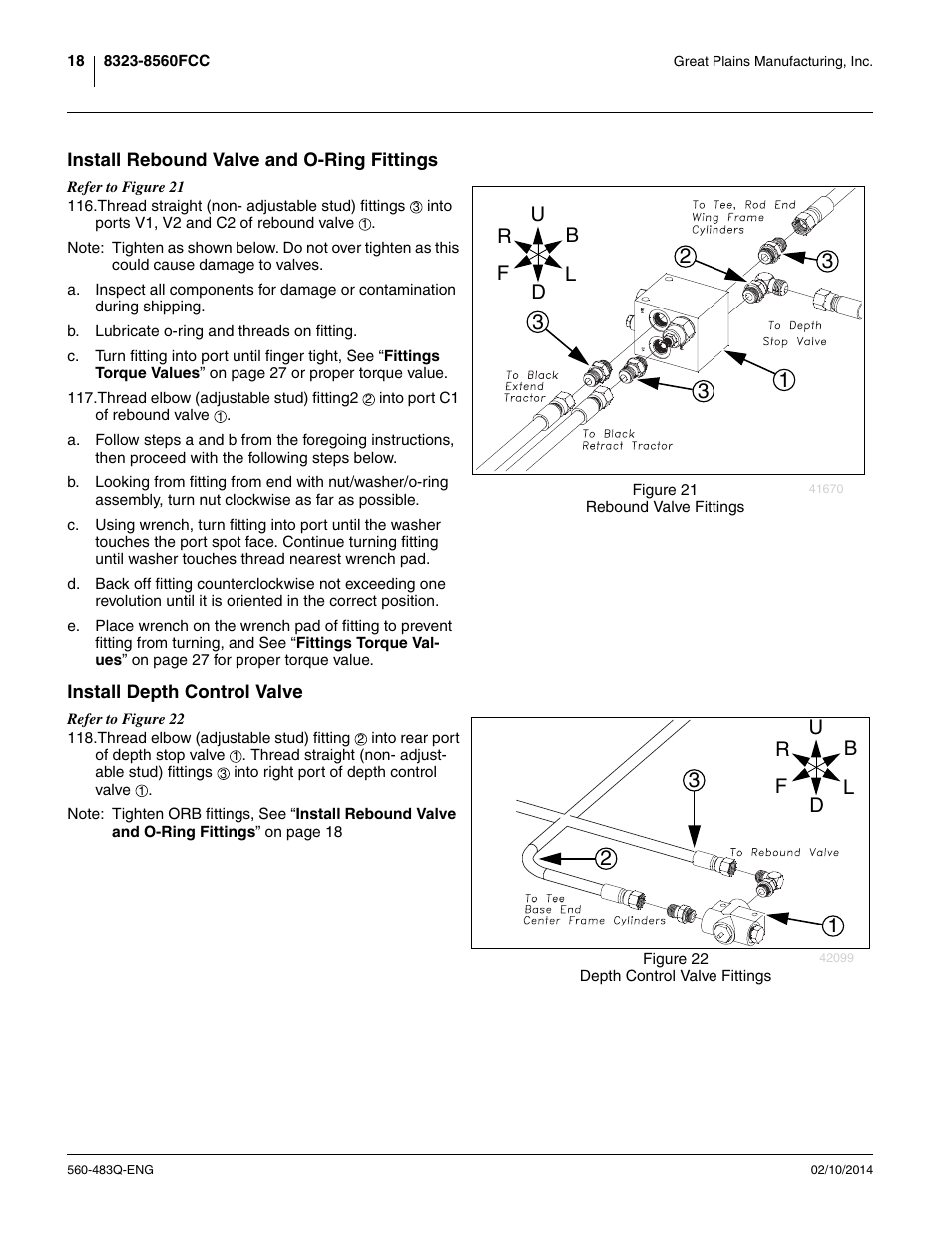 Install rebound valve and o-ring fittings, Install depth control valve | Great Plains 8560 FCF Assembly Manual User Manual | Page 22 / 140