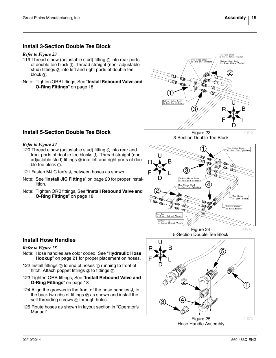 Install 3-section double tee block, Install 5-section double tee block, Install hose handles | Great Plains 8560 FCF Assembly Manual User Manual | Page 23 / 140