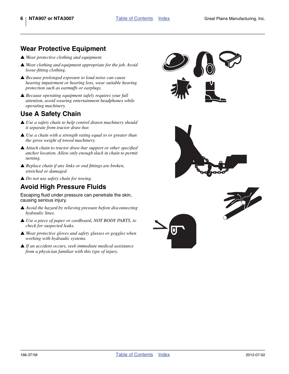 Wear protective equipment, Use a safety chain, Avoid high pressure fluids | Great Plains NTA3007 Operator Manual User Manual | Page 10 / 200