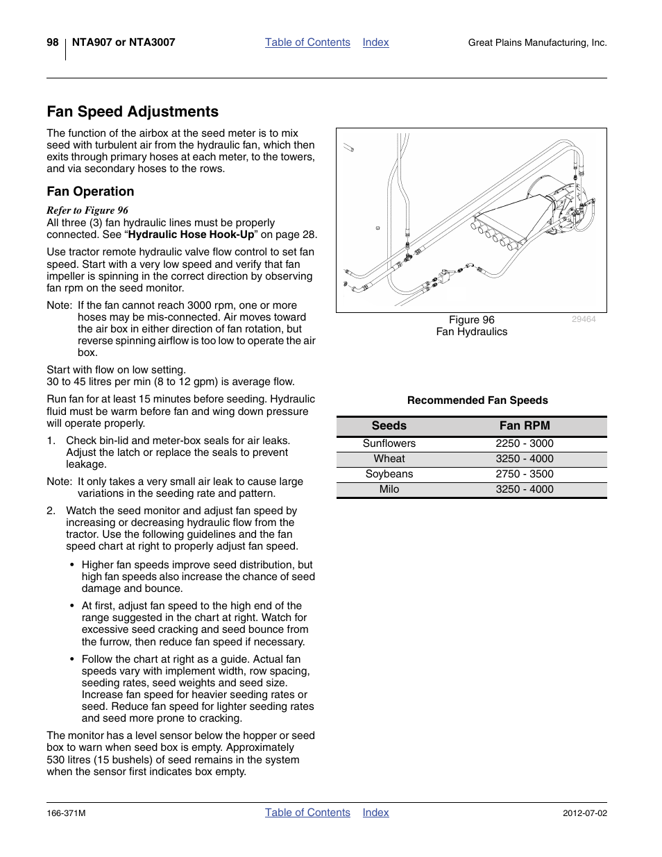 Fan speed adjustments, Fan operation, Recommended fan speeds | Great Plains NTA3007 Operator Manual User Manual | Page 102 / 200