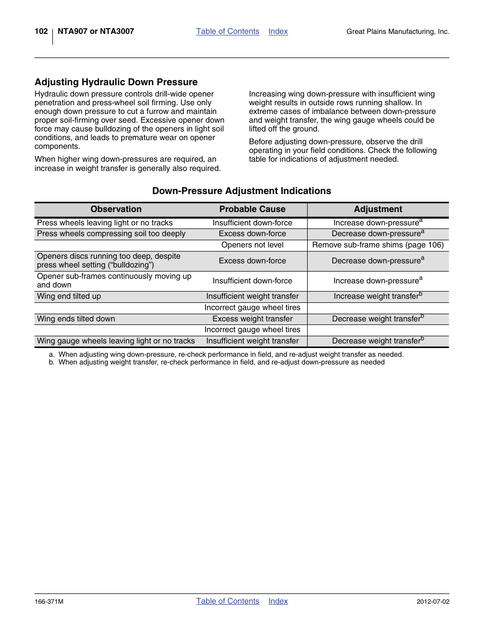Adjusting hydraulic down pressure | Great Plains NTA3007 Operator Manual User Manual | Page 106 / 200