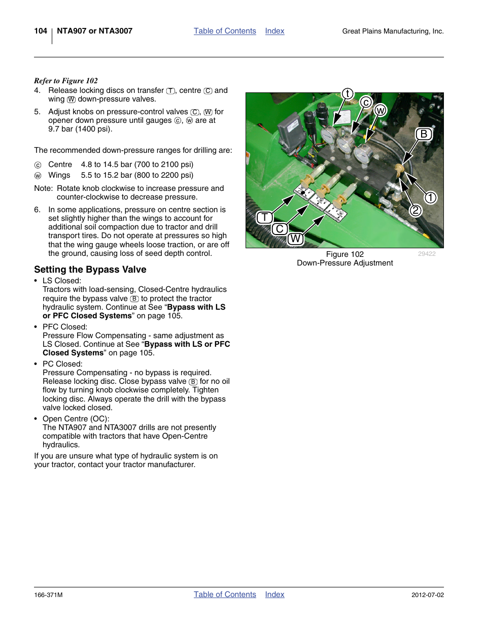 Setting the bypass valve | Great Plains NTA3007 Operator Manual User Manual | Page 108 / 200