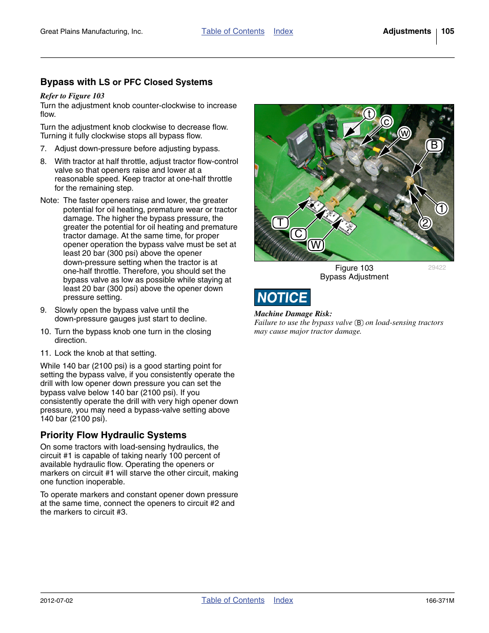 Bypass with ls or pfc closed systems, Priority flow hydraulic systems | Great Plains NTA3007 Operator Manual User Manual | Page 109 / 200