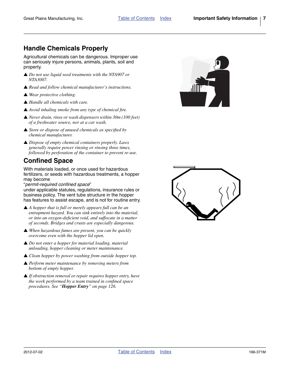 Handle chemicals properly, Confined space | Great Plains NTA3007 Operator Manual User Manual | Page 11 / 200