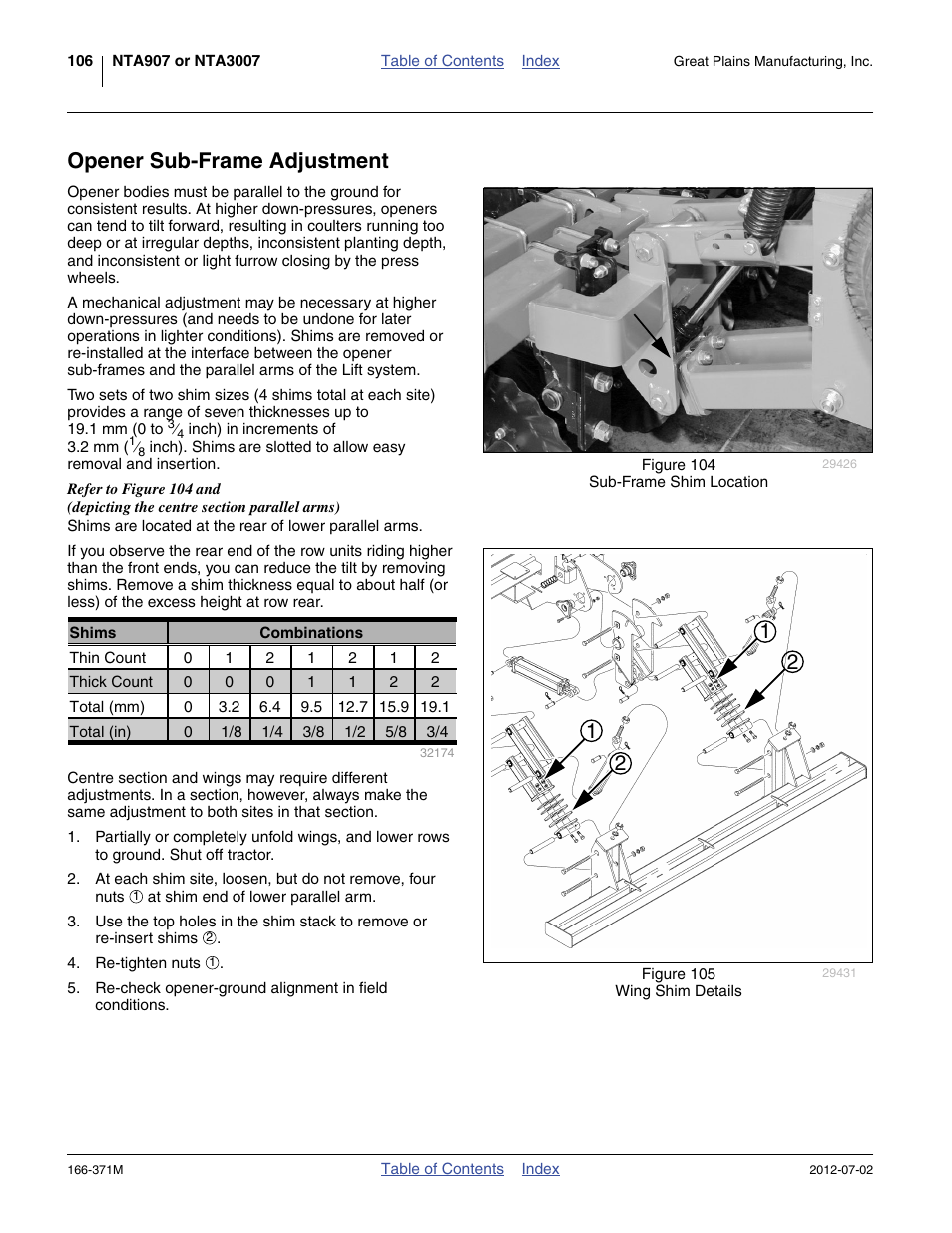 Opener sub-frame adjustment | Great Plains NTA3007 Operator Manual User Manual | Page 110 / 200