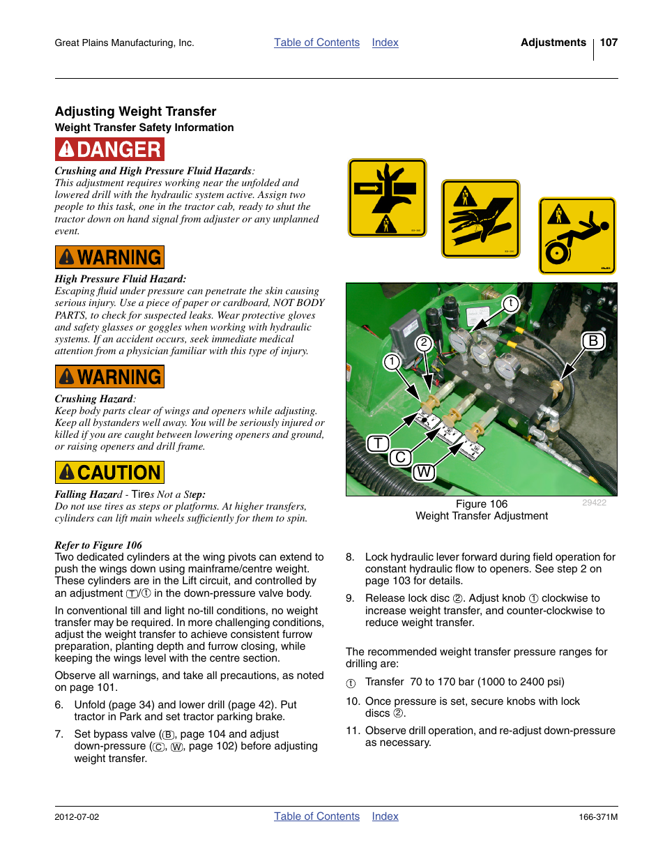 Adjusting weight transfer, Weight transfer safety information, Tc w b | Great Plains NTA3007 Operator Manual User Manual | Page 111 / 200