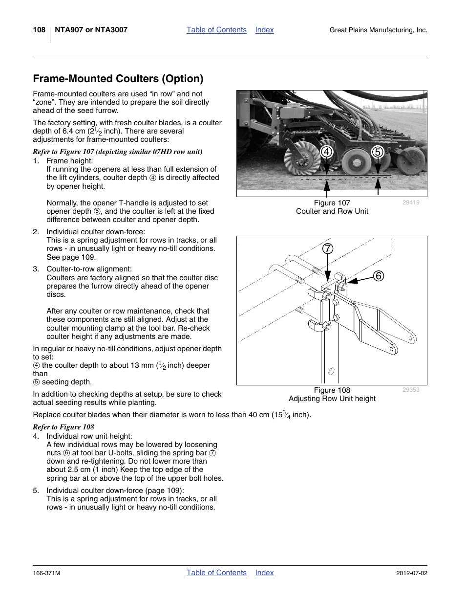 Frame-mounted coulters (option) | Great Plains NTA3007 Operator Manual User Manual | Page 112 / 200