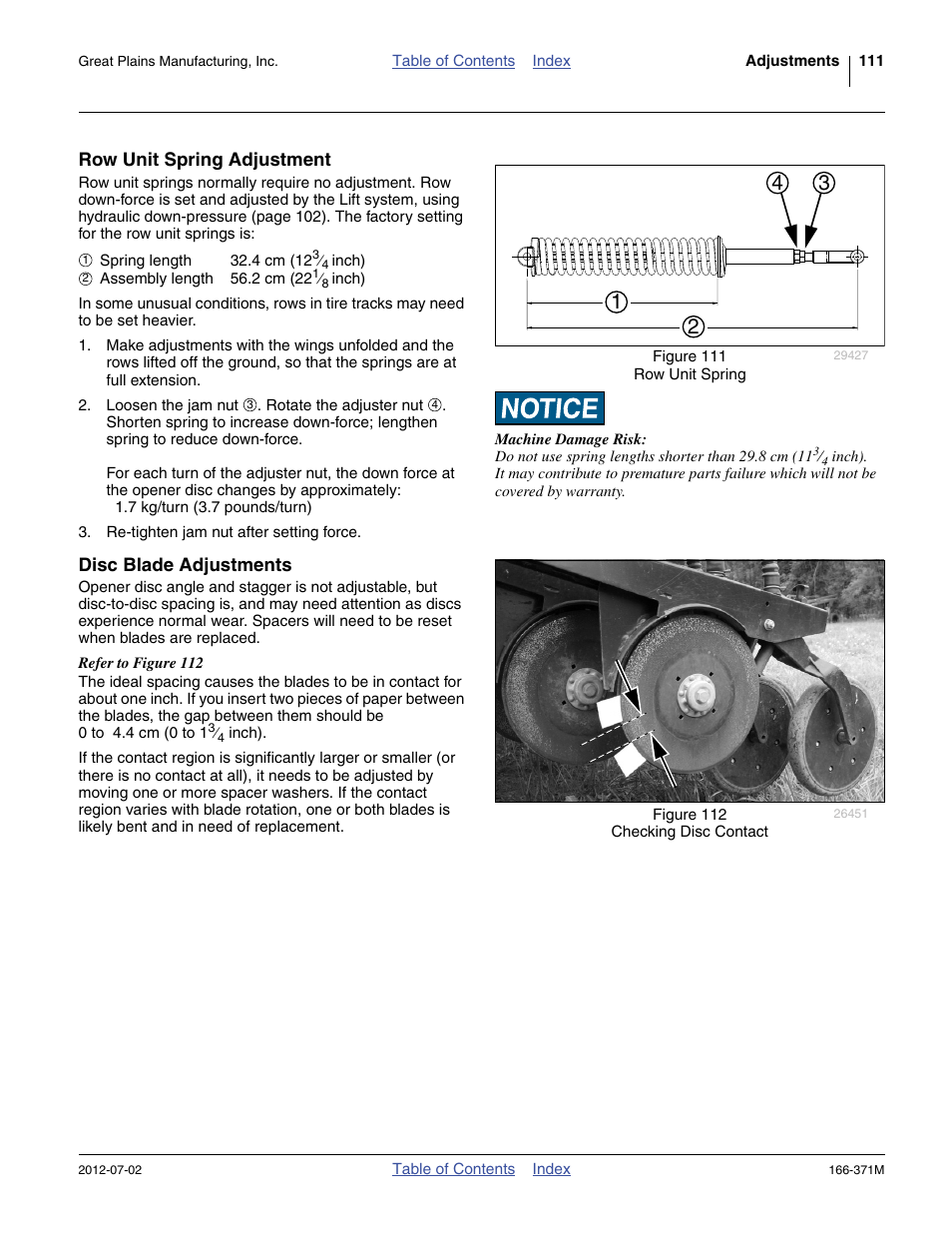 Row unit spring adjustment, Disc blade adjustments, Row unit spring adjustment disc blade adjustments | Great Plains NTA3007 Operator Manual User Manual | Page 115 / 200