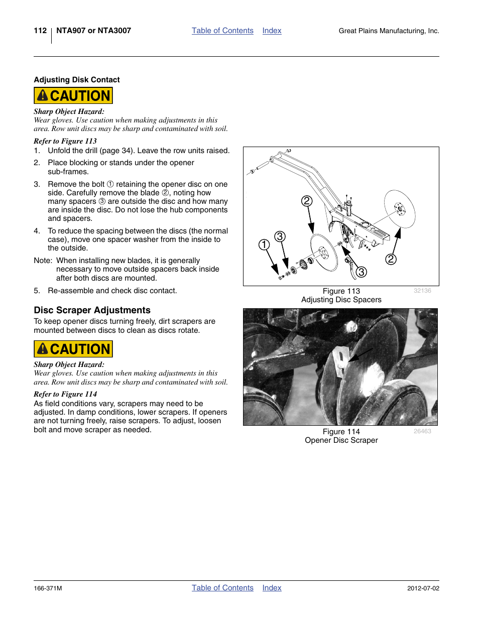 Adjusting disk contact, Disc scraper adjustments | Great Plains NTA3007 Operator Manual User Manual | Page 116 / 200
