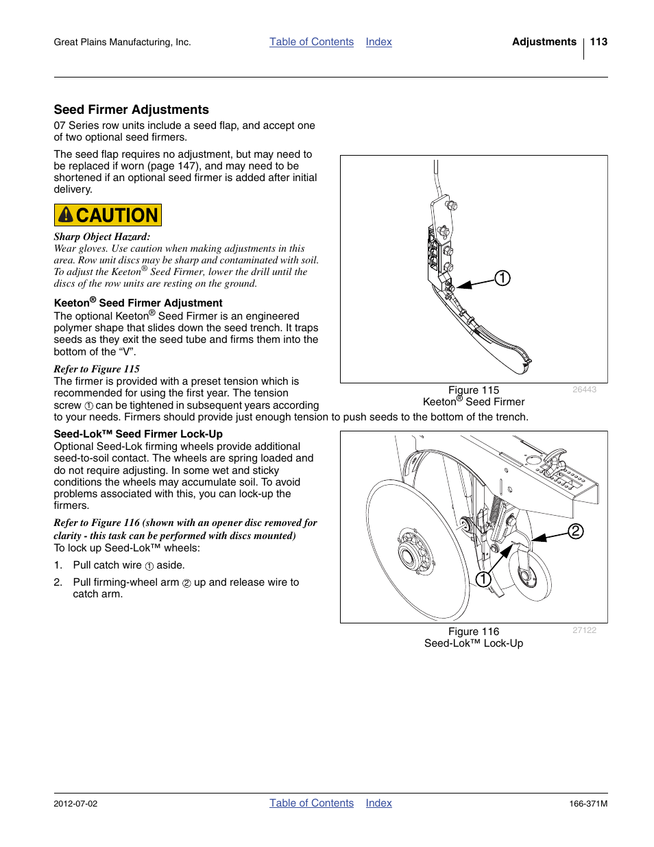 Seed firmer adjustments, Keeton® seed firmer adjustment, Seed-lok™ seed firmer lock-up | Seed firmer adjustments (option), See “ keeton | Great Plains NTA3007 Operator Manual User Manual | Page 117 / 200
