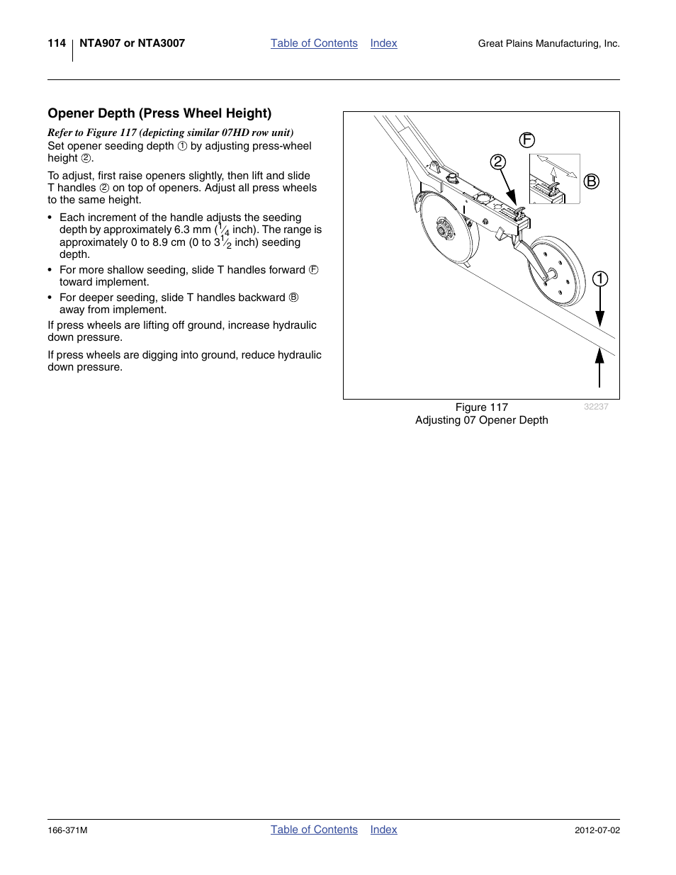 Opener depth (press wheel height), 12 b f | Great Plains NTA3007 Operator Manual User Manual | Page 118 / 200