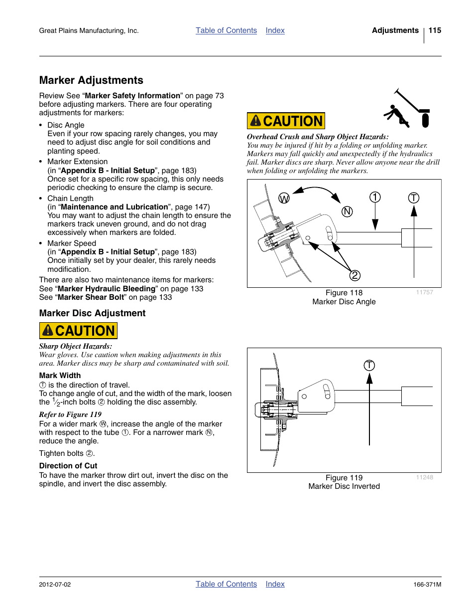 Marker adjustments, Marker disc adjustment, Mark width | Direction of cut | Great Plains NTA3007 Operator Manual User Manual | Page 119 / 200