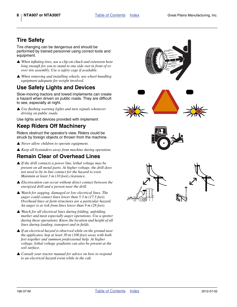 Tire safety, Use safety lights and devices, Keep riders off machinery | Remain clear of overhead lines | Great Plains NTA3007 Operator Manual User Manual | Page 12 / 200