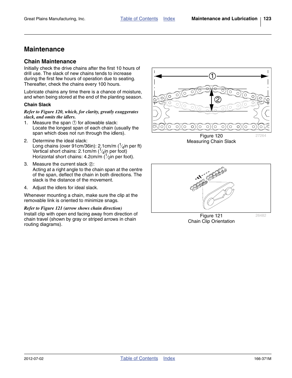 Maintenance, Chain maintenance, Chain slack | Great Plains NTA3007 Operator Manual User Manual | Page 127 / 200