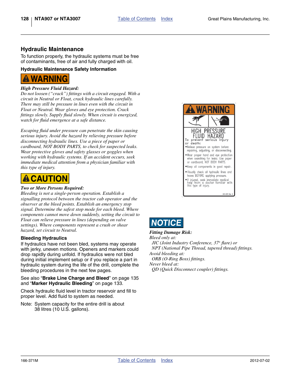 Hydraulic maintenance, Hydraulic maintenance safety information, Bleeding hydraulics | Great Plains NTA3007 Operator Manual User Manual | Page 132 / 200