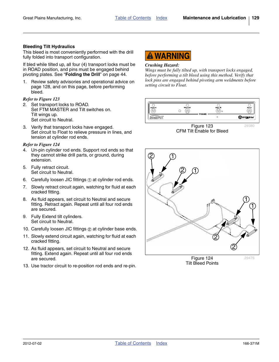 Bleeding tilt hydraulics | Great Plains NTA3007 Operator Manual User Manual | Page 133 / 200