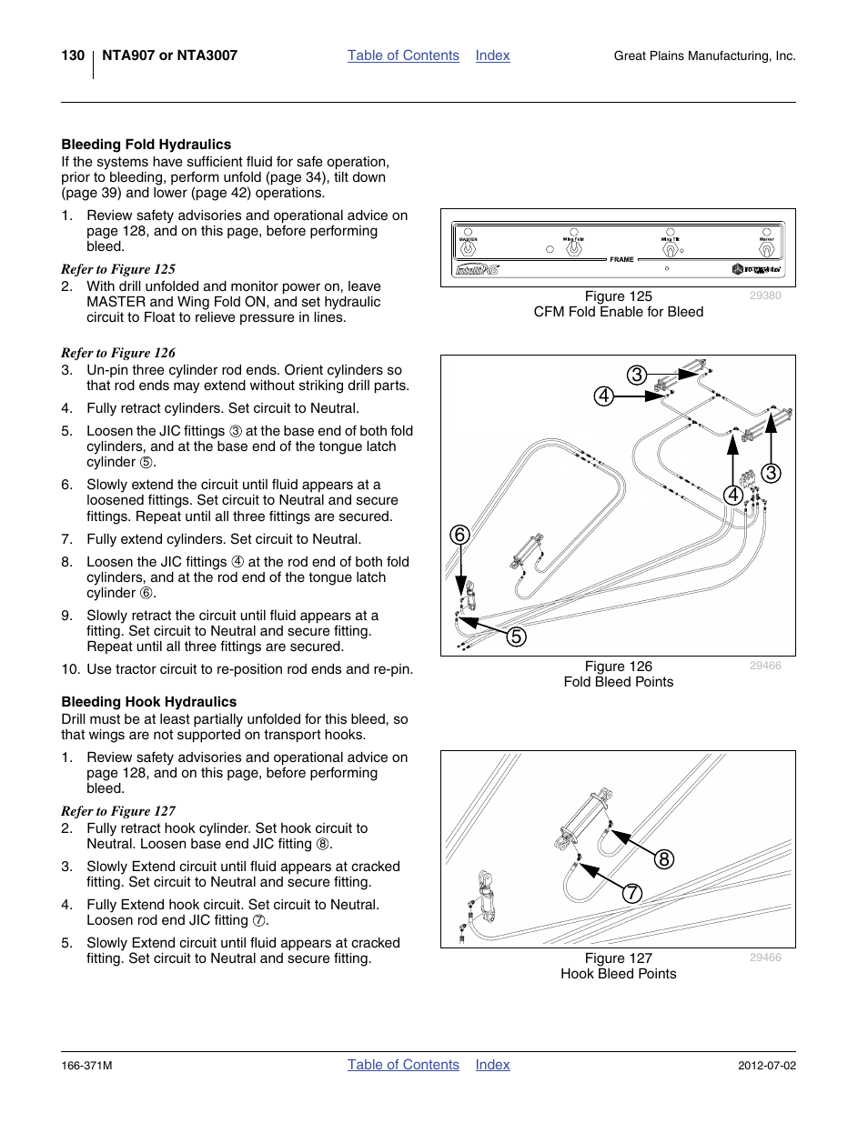 Bleeding fold hydraulics, Bleeding hook hydraulics, Bleeding fold hydraulics bleeding hook hydraulics | Great Plains NTA3007 Operator Manual User Manual | Page 134 / 200