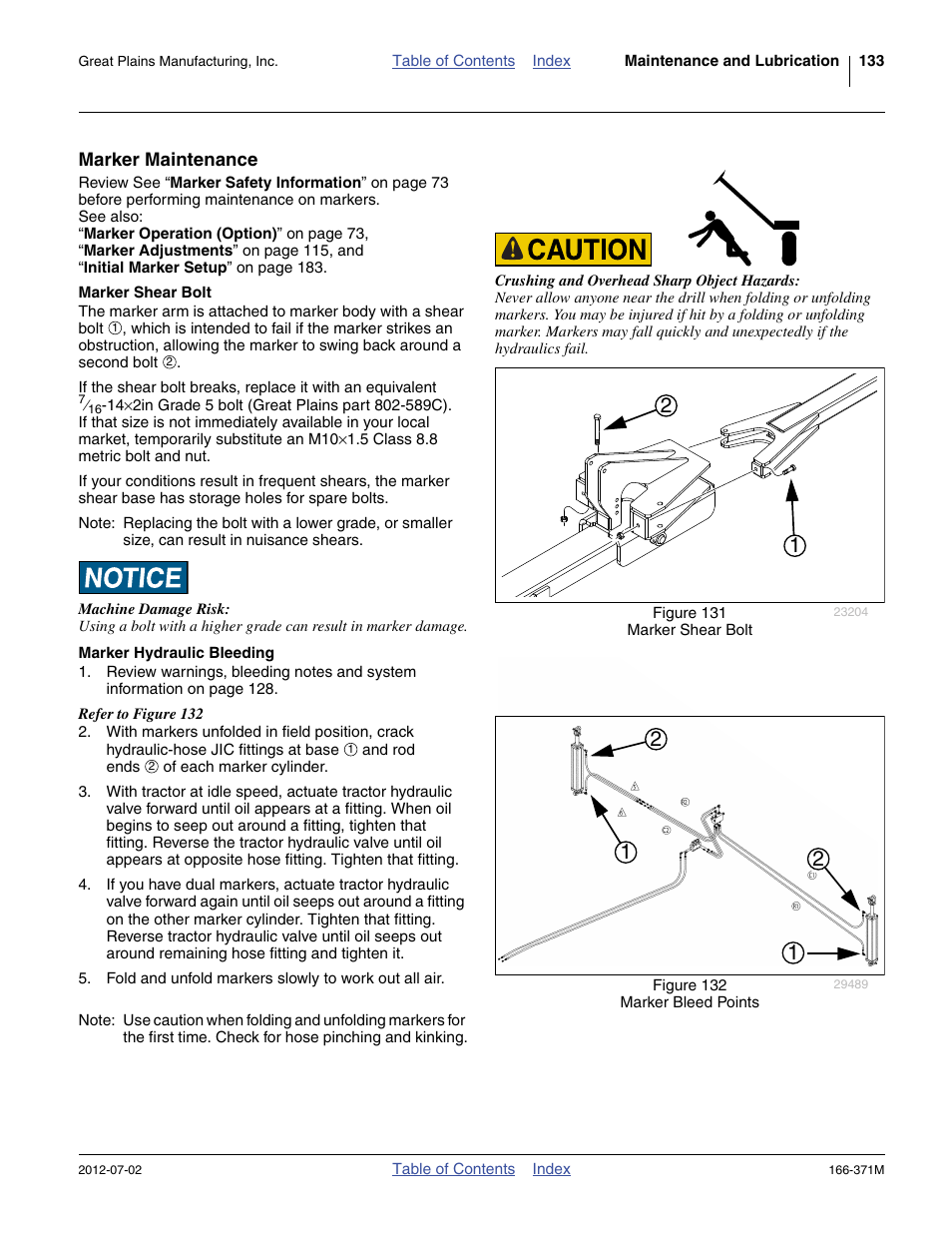 Marker maintenance, Marker shear bolt, Marker hydraulic bleeding | Marker shear bolt marker hydraulic bleeding | Great Plains NTA3007 Operator Manual User Manual | Page 137 / 200