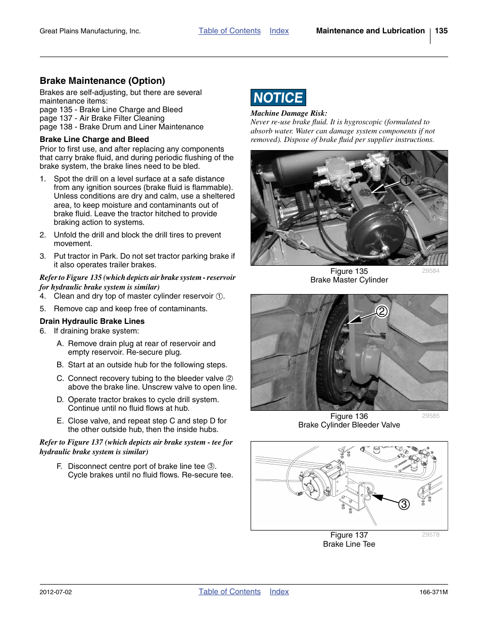Brake maintenance (option), Brake line charge and bleed, Drain hydraulic brake lines | Great Plains NTA3007 Operator Manual User Manual | Page 139 / 200