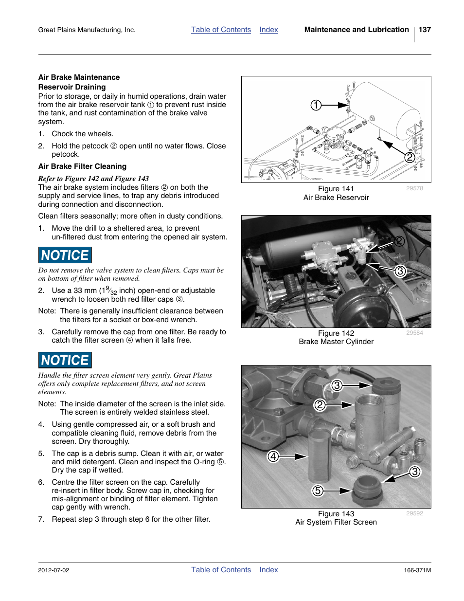 Air brake maintenance, Reservoir draining, Air brake filter cleaning | Great Plains NTA3007 Operator Manual User Manual | Page 141 / 200