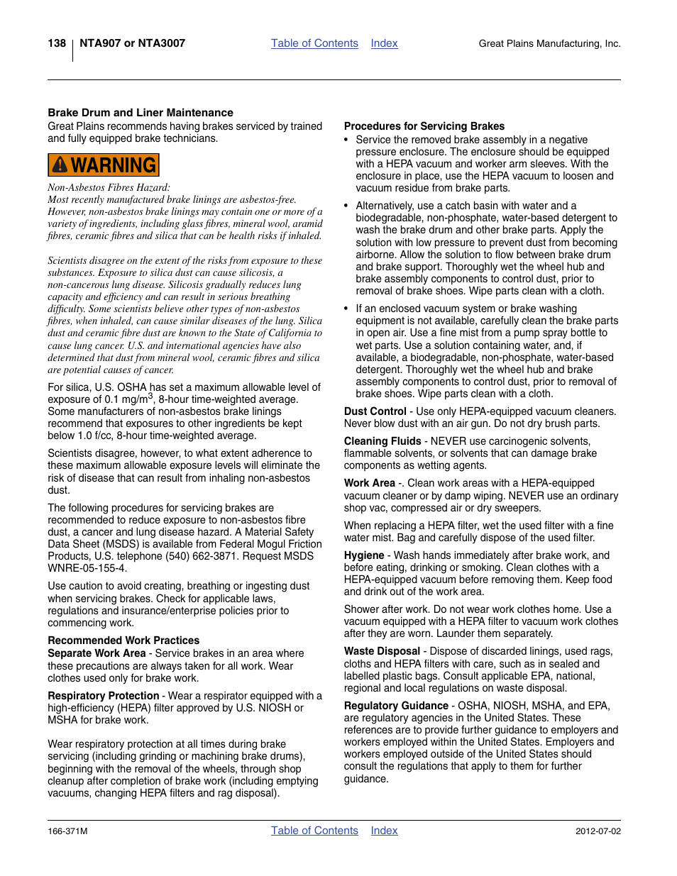 Brake drum and liner maintenance, Recommended work practices, Procedures for servicing brakes | Great Plains NTA3007 Operator Manual User Manual | Page 142 / 200