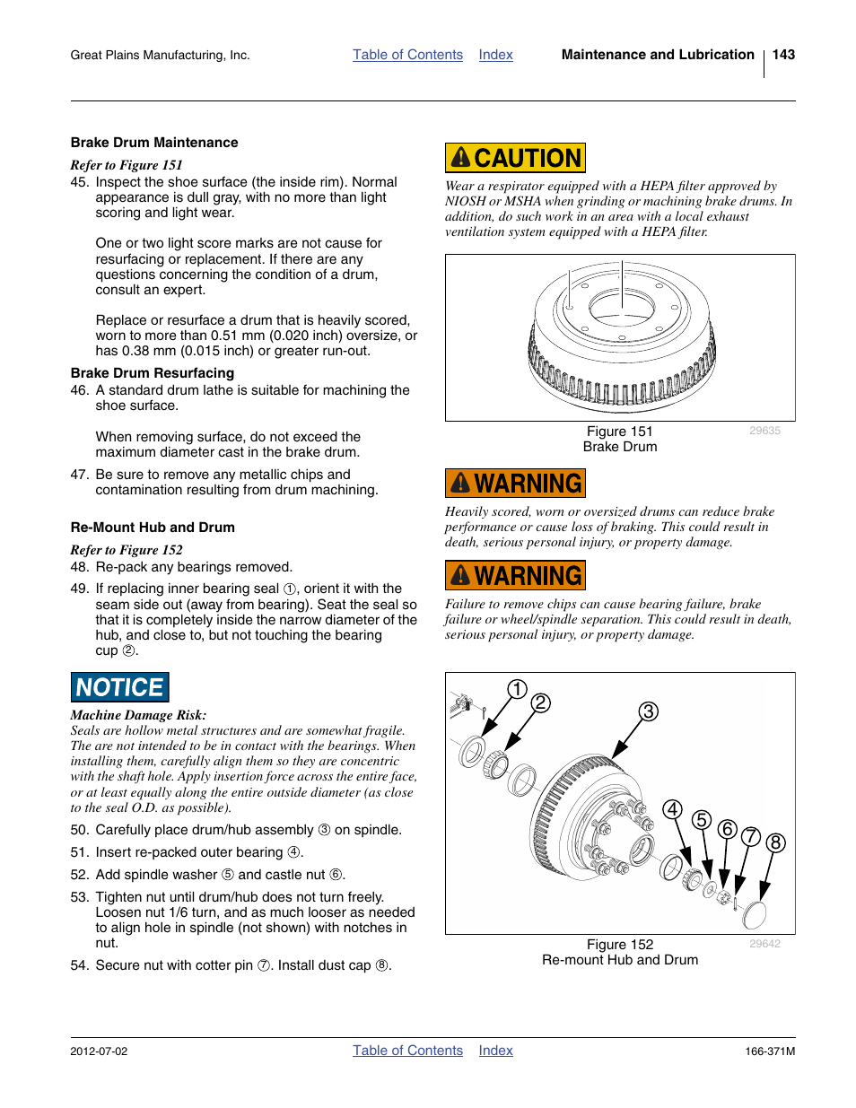 Brake drum maintenance, Brake drum resurfacing, Re-mount hub and drum | Great Plains NTA3007 Operator Manual User Manual | Page 147 / 200