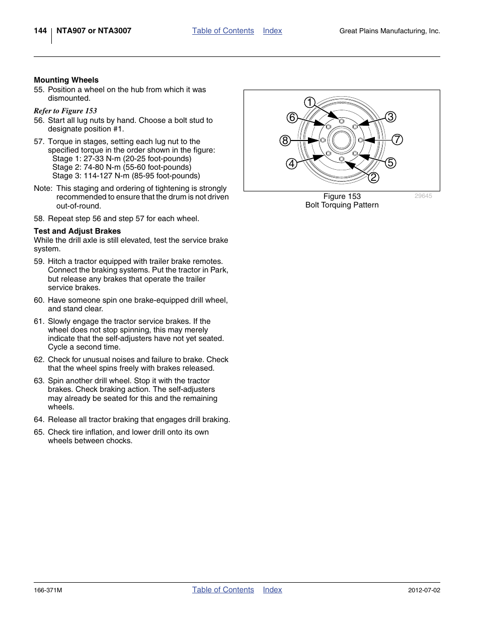 Mounting wheels, Test and adjust brakes, Mounting wheels test and adjust brakes | Great Plains NTA3007 Operator Manual User Manual | Page 148 / 200