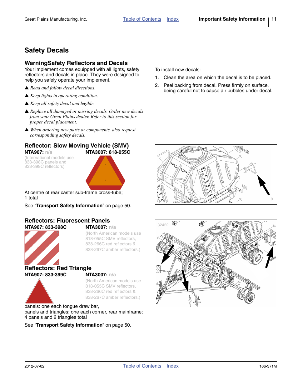 Safety decals, Warningsafety reflectors and decals, Reflector: slow moving vehicle (smv) | Nta907: n/a, Nta3007: 818-055c, Reflectors: fluorescent panels, Nta907: 833-398c, Nta3007: n/a, Reflectors: red triangle, Nta907: 833-399c | Great Plains NTA3007 Operator Manual User Manual | Page 15 / 200