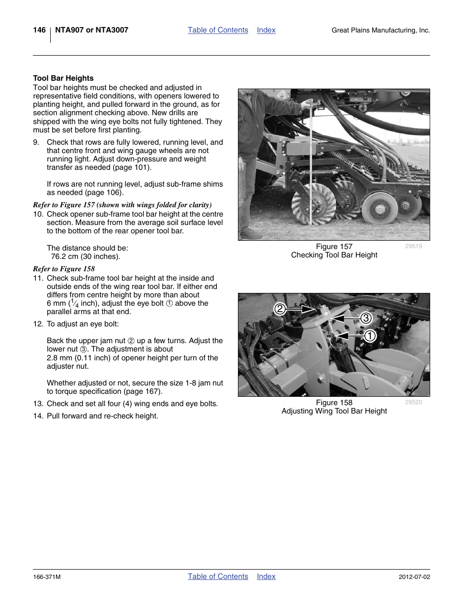 Tool bar heights | Great Plains NTA3007 Operator Manual User Manual | Page 150 / 200