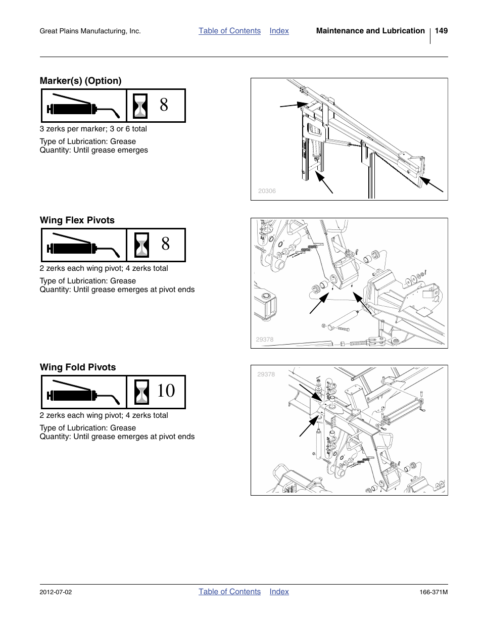 Marker(s) (option), Wing flex pivots, Wing fold pivots | Great Plains NTA3007 Operator Manual User Manual | Page 153 / 200