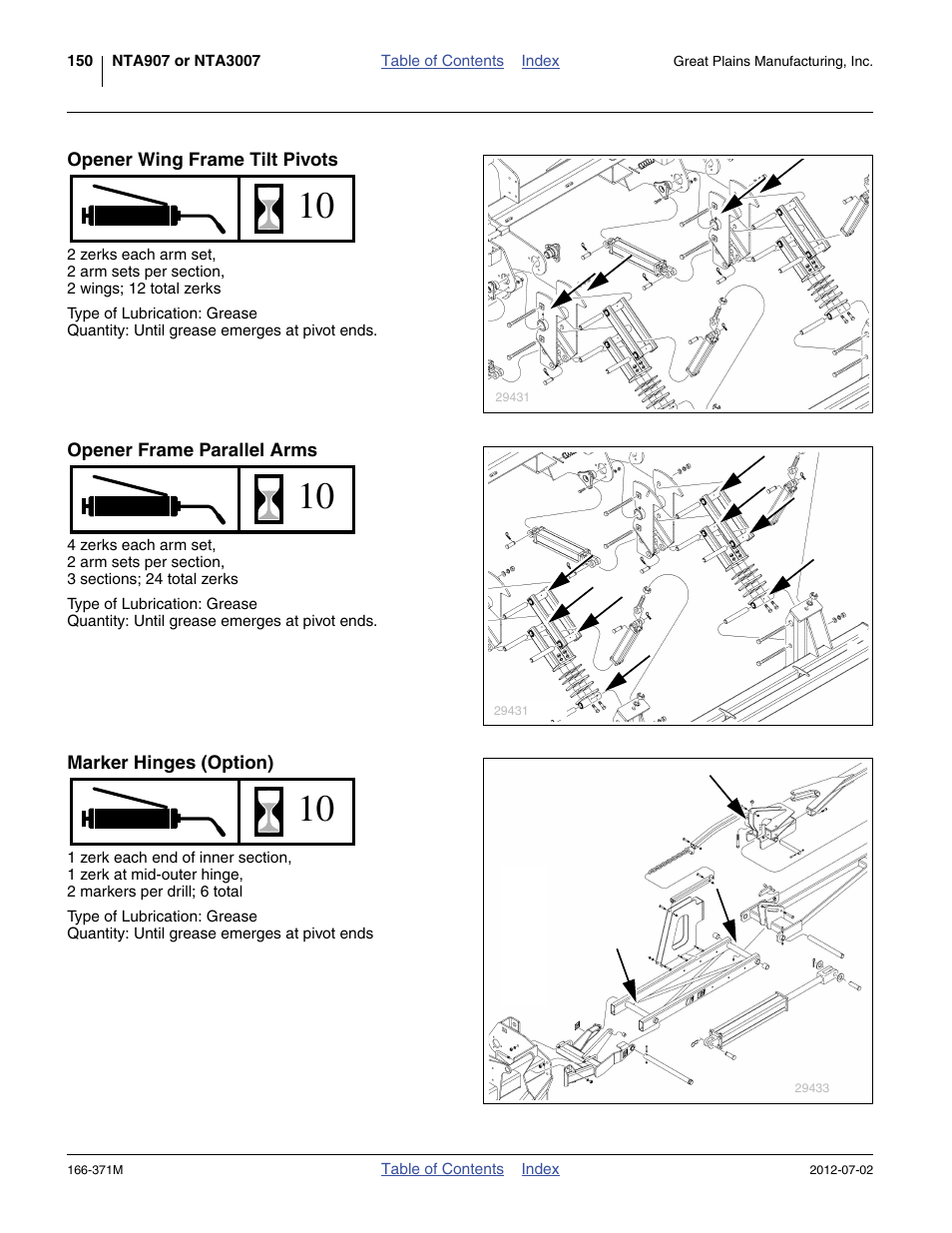 Opener wing frame tilt pivots, Opener frame parallel arms, Marker hinges (option) | Great Plains NTA3007 Operator Manual User Manual | Page 154 / 200