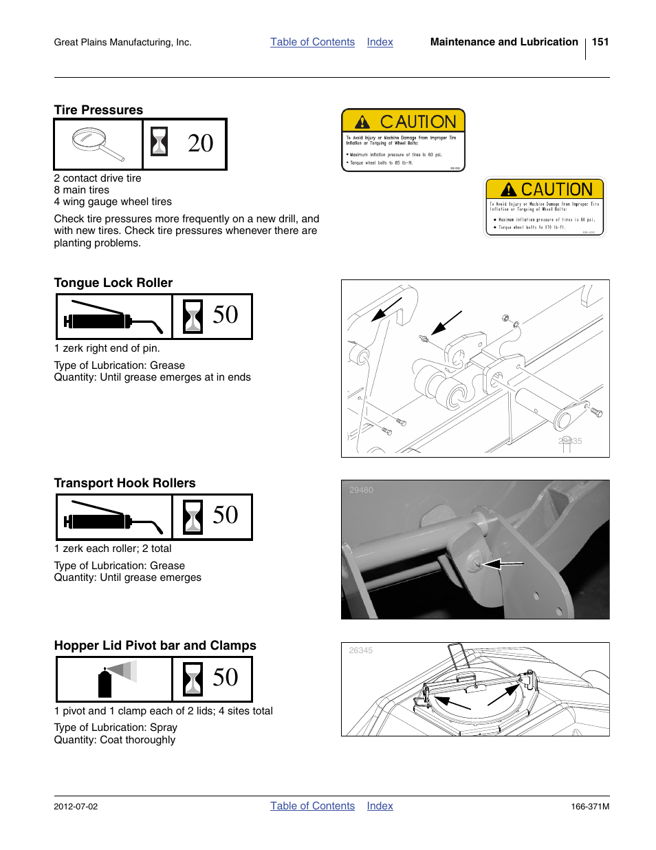 Tire pressures, Tongue lock roller, Transport hook rollers | Hopper lid pivot bar and clamps | Great Plains NTA3007 Operator Manual User Manual | Page 155 / 200