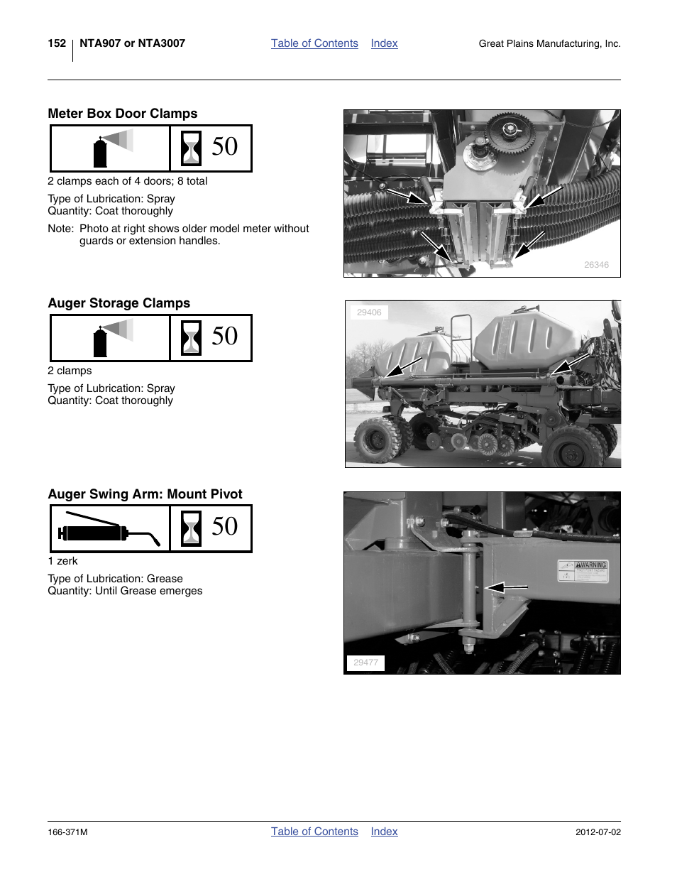 Meter box door clamps, Auger storage clamps, Auger swing arm: mount pivot | Great Plains NTA3007 Operator Manual User Manual | Page 156 / 200