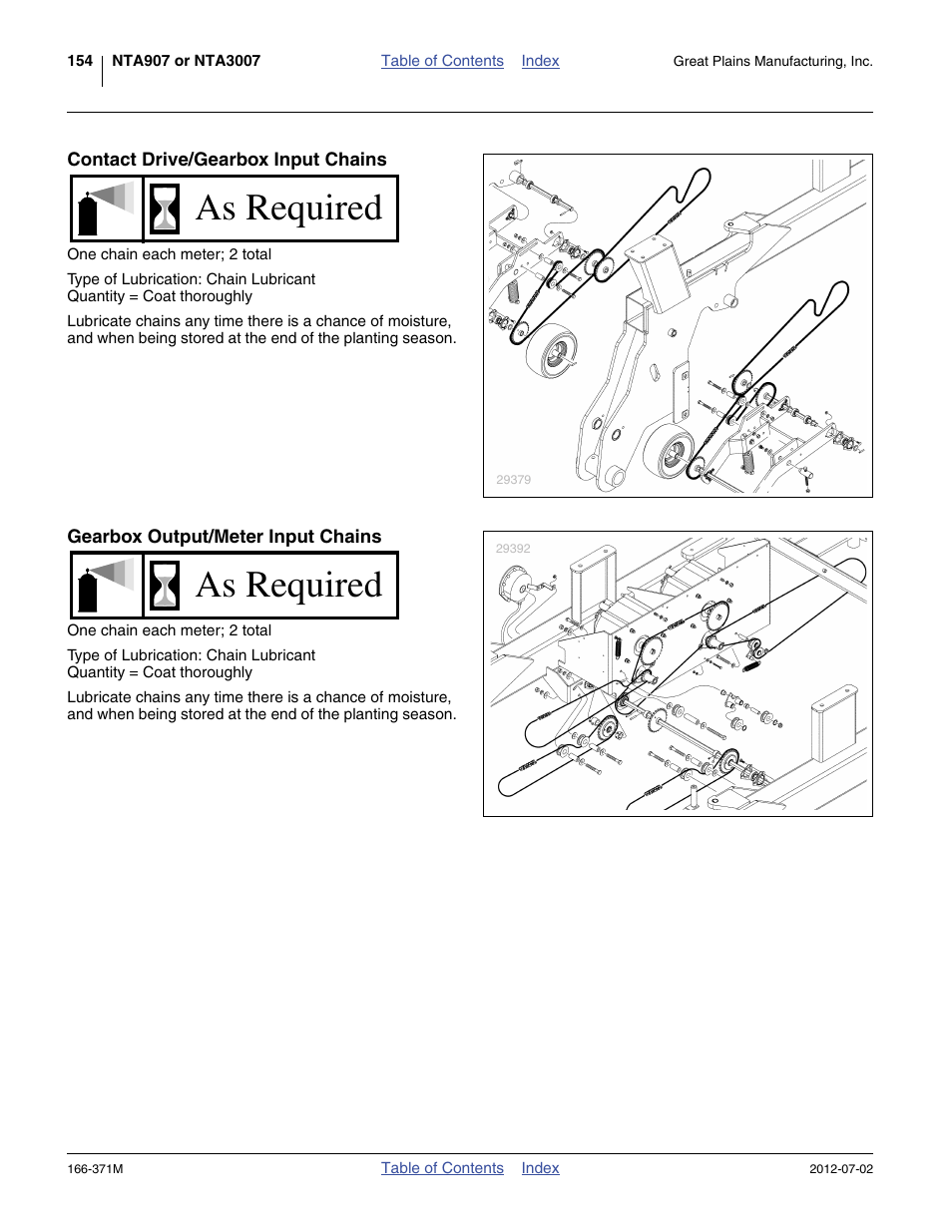 Contact drive/gearbox input chains, Gearbox output/meter input chains, As required | Great Plains NTA3007 Operator Manual User Manual | Page 158 / 200
