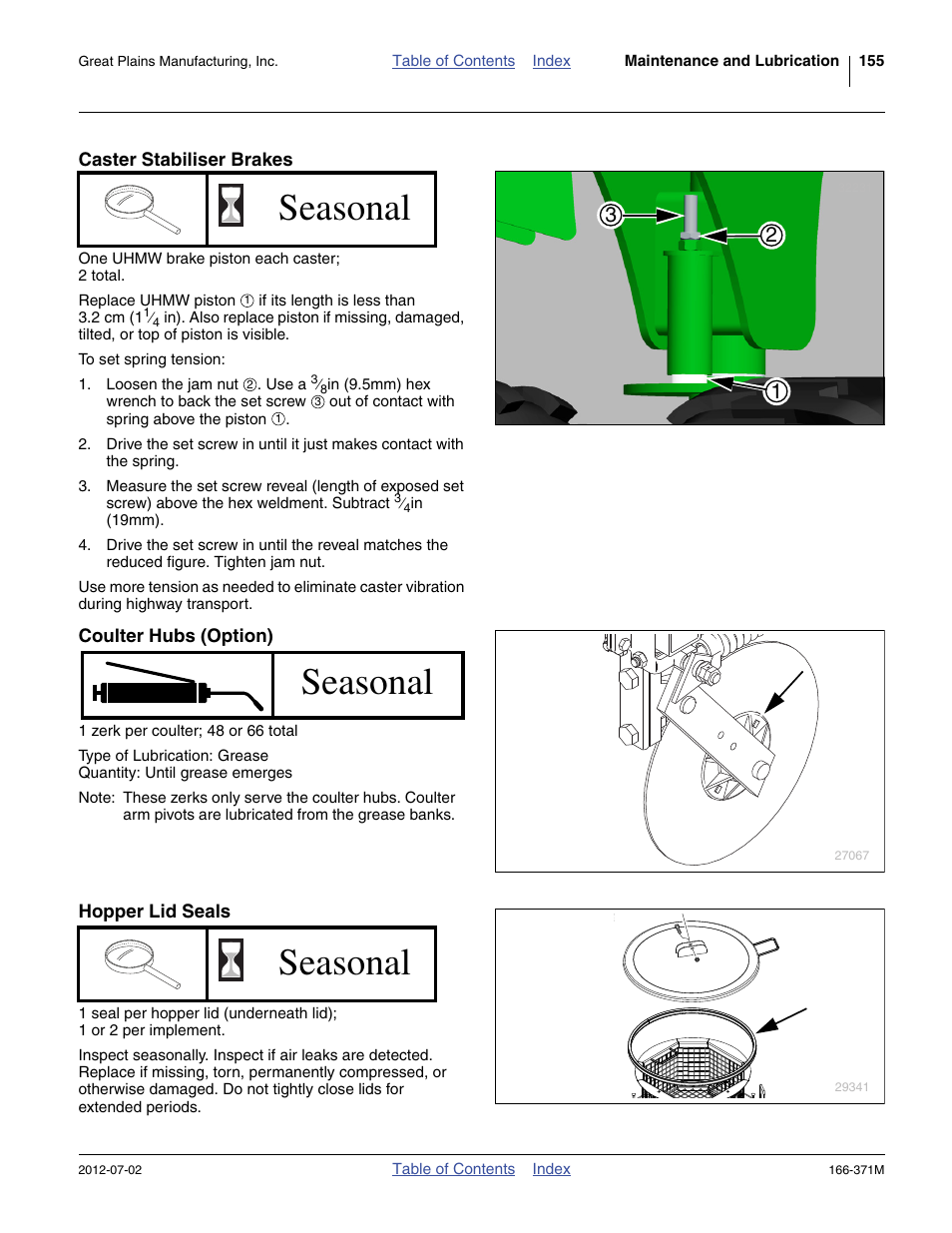 Caster stabiliser brakes, Coulter hubs (option), Hopper lid seals | Seasonal | Great Plains NTA3007 Operator Manual User Manual | Page 159 / 200