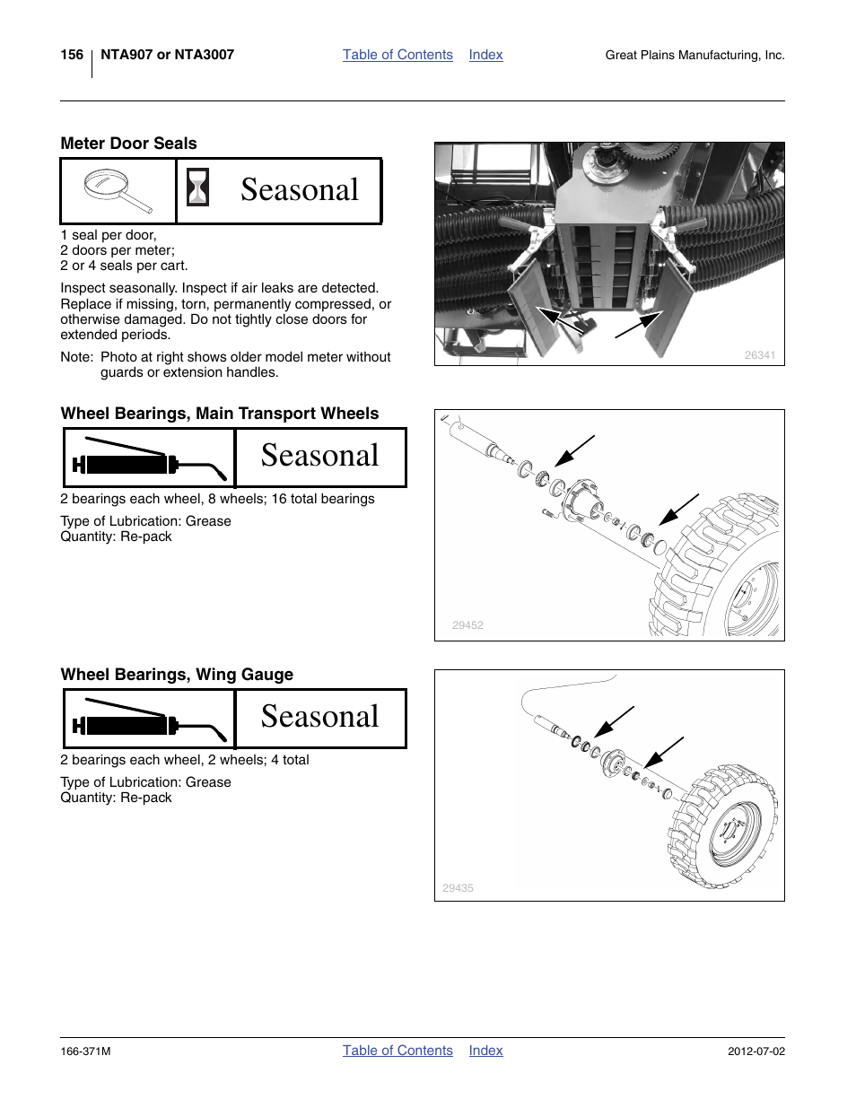 Meter door seals, Wheel bearings, main transport wheels, Wheel bearings, wing gauge | Seasonal | Great Plains NTA3007 Operator Manual User Manual | Page 160 / 200