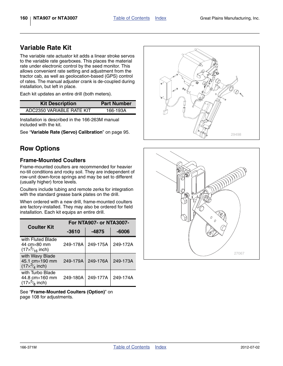 Variable rate kit, Row options, Frame-mounted coulters | Great Plains NTA3007 Operator Manual User Manual | Page 164 / 200