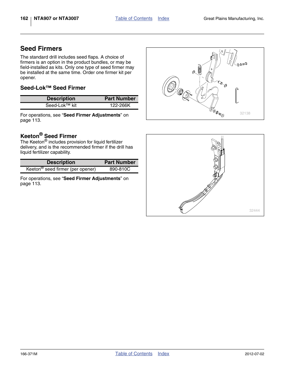 Seed firmers, Seed-lok™ seed firmer, Keeton® seed firmer | Great Plains NTA3007 Operator Manual User Manual | Page 166 / 200
