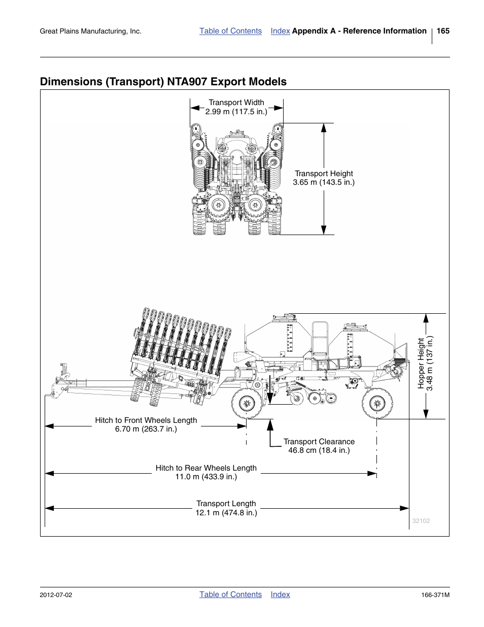 Dimensions (transport) nta907 export models | Great Plains NTA3007 Operator Manual User Manual | Page 169 / 200