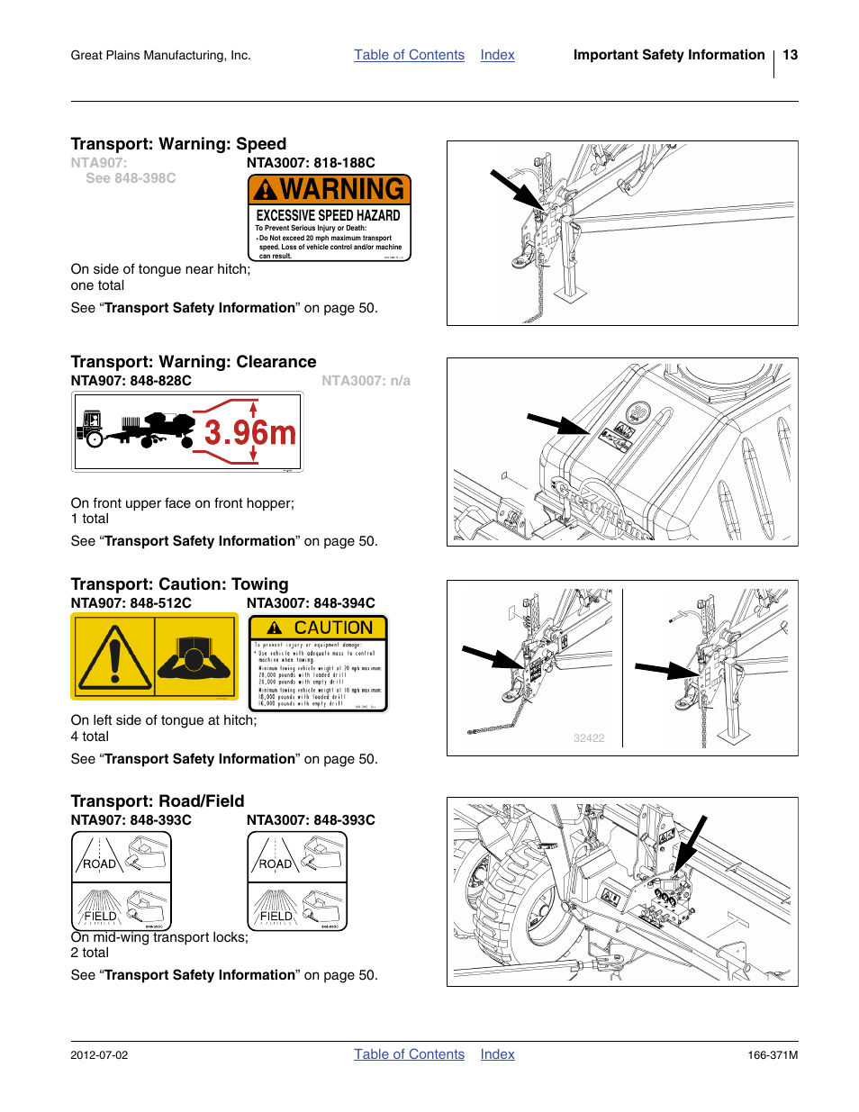 Transport: warning: speed, Nta907: see 848-398c, Nta3007: 818-188c | Transport: warning: clearance, Nta907: 848-828c, Nta3007: n/a, Transport: caution: towing, Nta907: 848-512c, Nta3007: 848-394c, Transport: road/field | Great Plains NTA3007 Operator Manual User Manual | Page 17 / 200