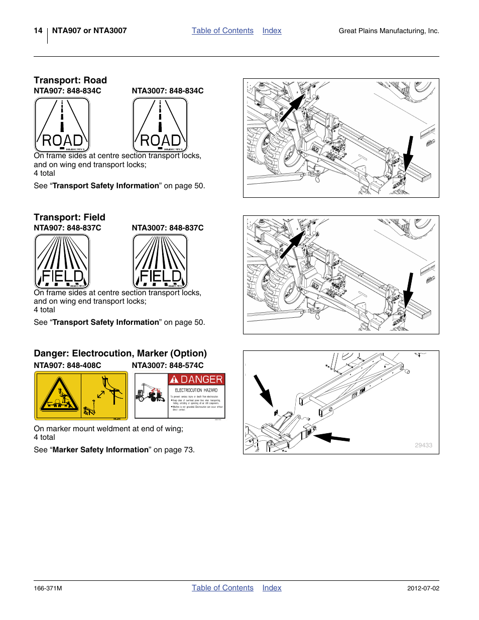 Transport: road, Nta907: 848-834c, Nta3007: 848-834c | Transport: field, Nta907: 848-837c, Nta3007: 848-837c, Danger: electrocution, marker (option), Nta907: 848-408c, Nta3007: 848-574c | Great Plains NTA3007 Operator Manual User Manual | Page 18 / 200