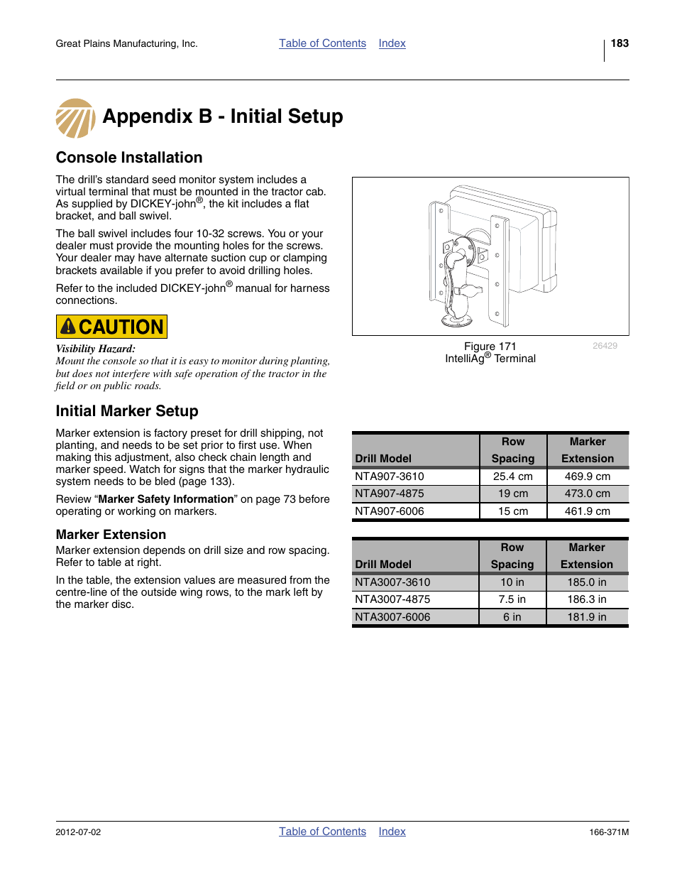 Appendix b - initial setup, Console installation, Initial marker setup | Marker extension | Great Plains NTA3007 Operator Manual User Manual | Page 187 / 200