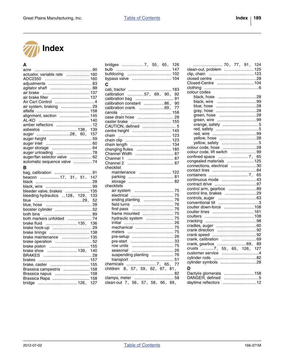 Index | Great Plains NTA3007 Operator Manual User Manual | Page 193 / 200